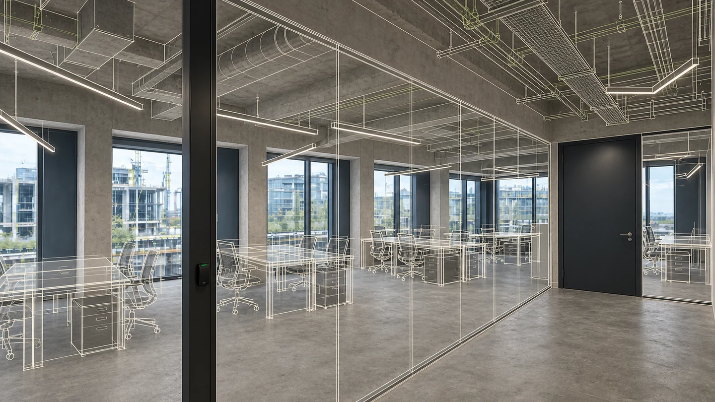 Modern office with glazed walls, exposed services and an overlaid fit-out design model
