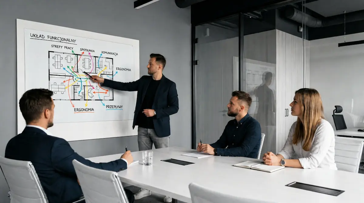 Presentation of the office functional layout during a table meeting