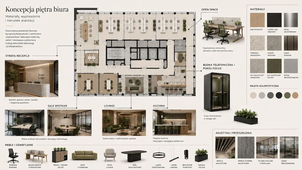 Przykładowy moodboard koncepcji biura Ecoffices