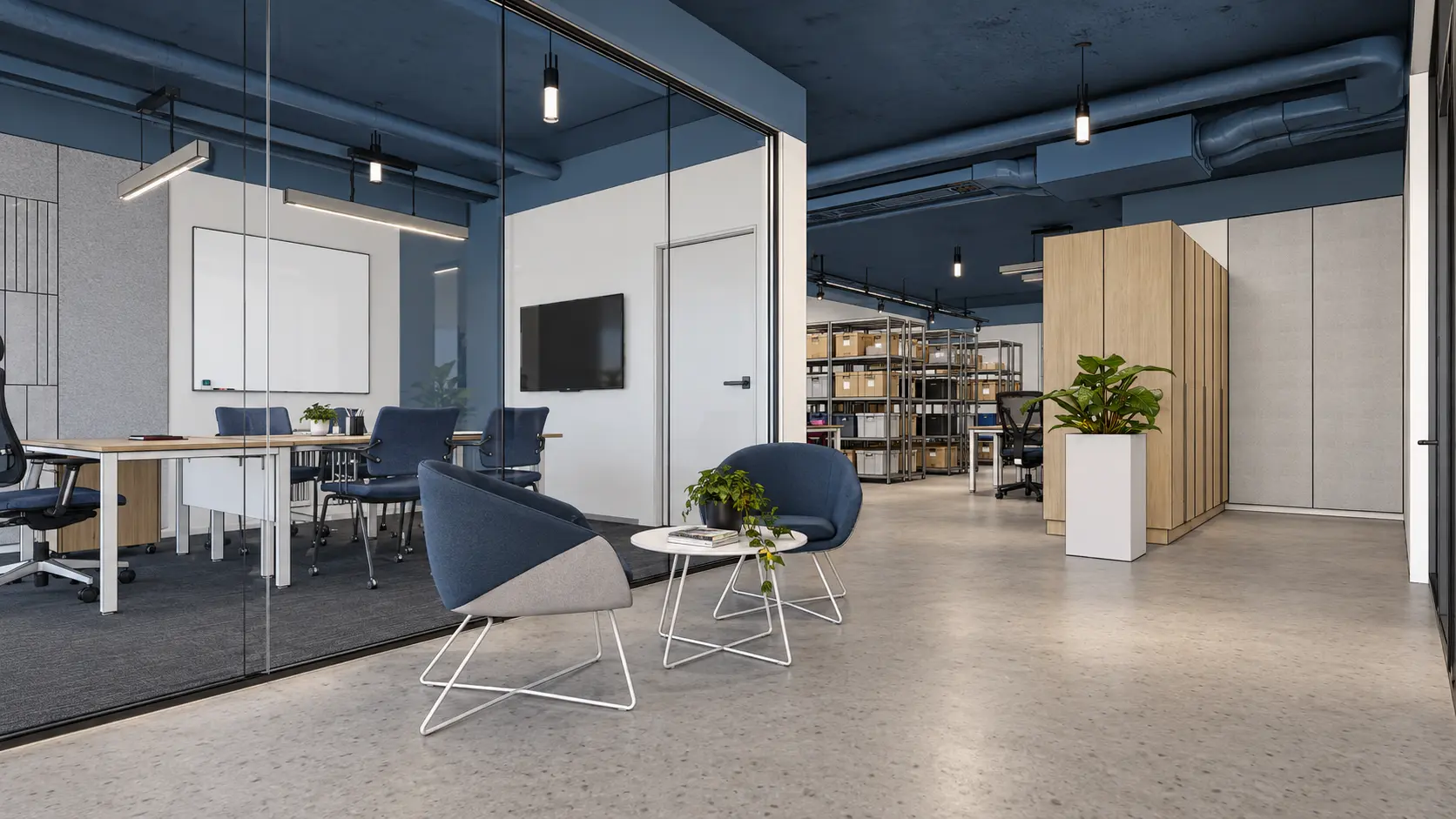 Eco Vision — office interior visualisation with a glazed room and meeting area