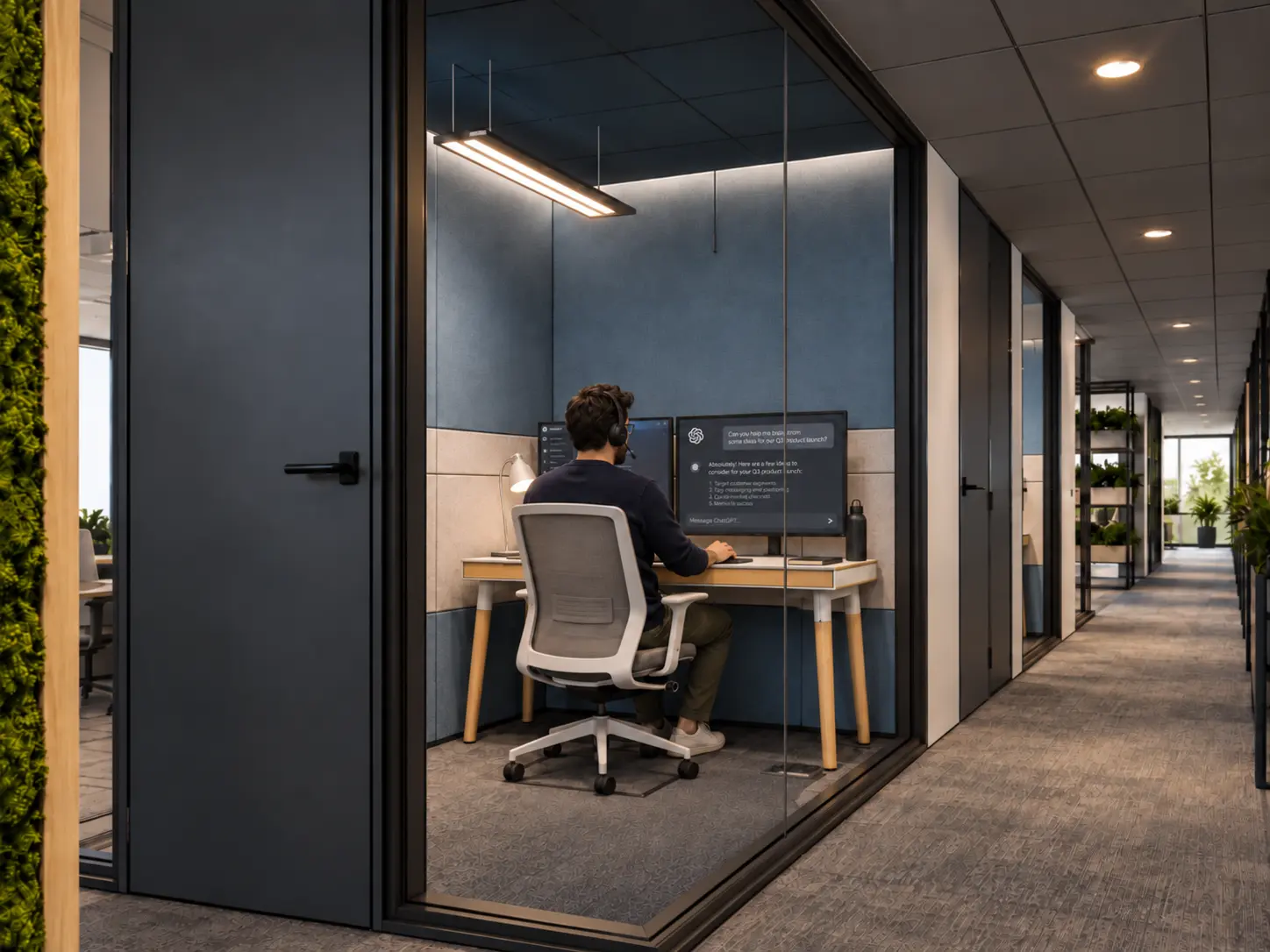 Modern office booth with an employee using artificial intelligence during hybrid work