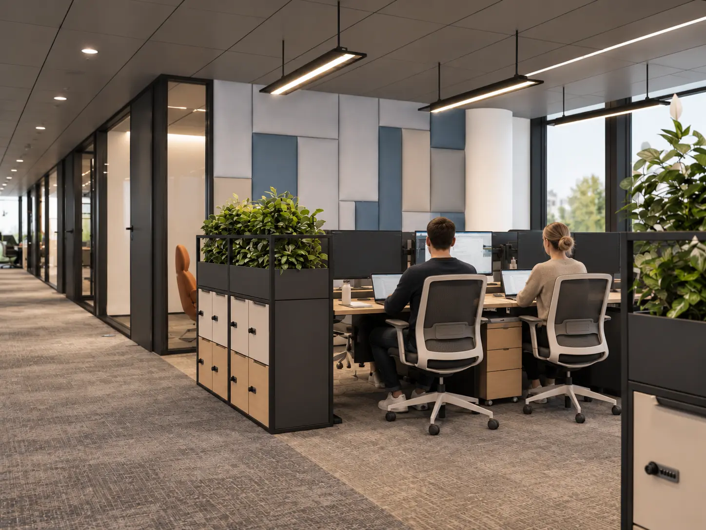 Modern open-plan office with two people working at their desks