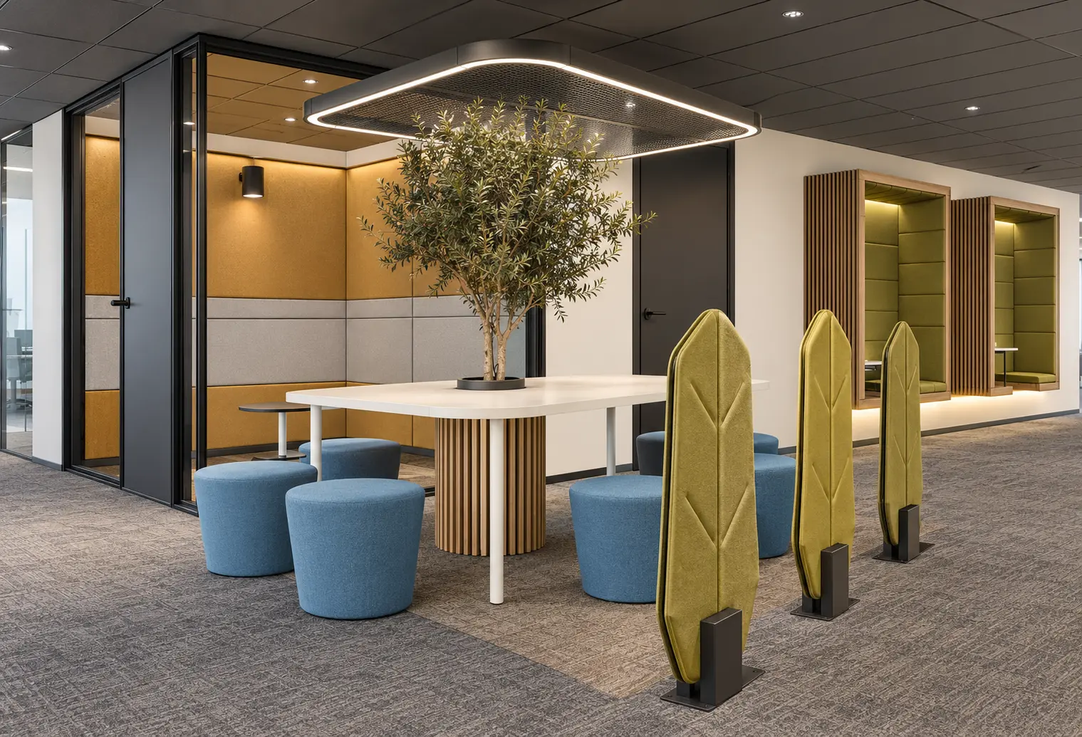 Modern office collaboration area with a tree and spaces for informal meetings